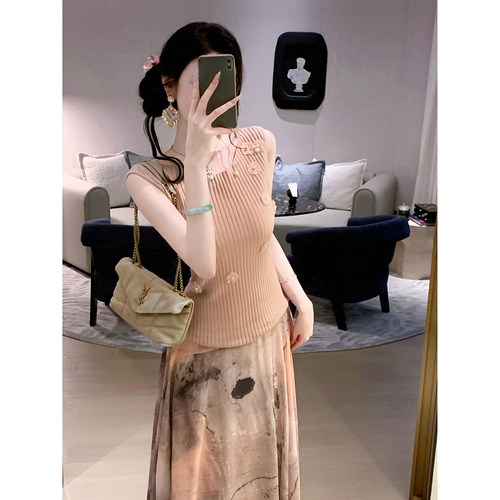 Sun雅乔【晚晴柔光】夏季甜美风粉色桑蚕丝花朵无袖针织上衣女