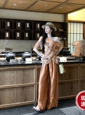 雅乔【撒哈拉】夏季新款老钱风复古人丝暗纹提花肌理高腰阔腿裤女