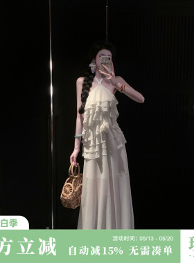 Sun雅乔【白玫瑰】夏装清纯多层荷叶边挂脖白色连衣裙长款礼服裙