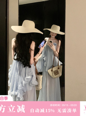 Sun雅乔【滨湖之恋】夏季蓝色小众不规则荷叶边天丝吊带连衣长裙