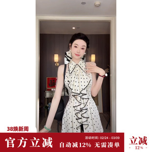 雅乔【心动波尔卡】韩系木耳边无袖中长款衬衫拼接蕾丝波点上衣