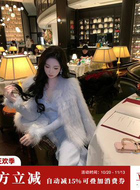 Sun雅乔【冰雪幻境】冬装轻奢进口芬兰白貉毛鸵鸟毛皮草外套