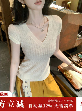 Sun雅乔【细糠】夏季气质老钱绵羊毛针织衫T恤薄款V领短袖上衣女