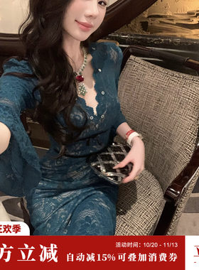 Sun雅乔【蓝雾迷离】早秋辣妈修身孔雀蓝复古喇叭长袖蕾丝连衣裙