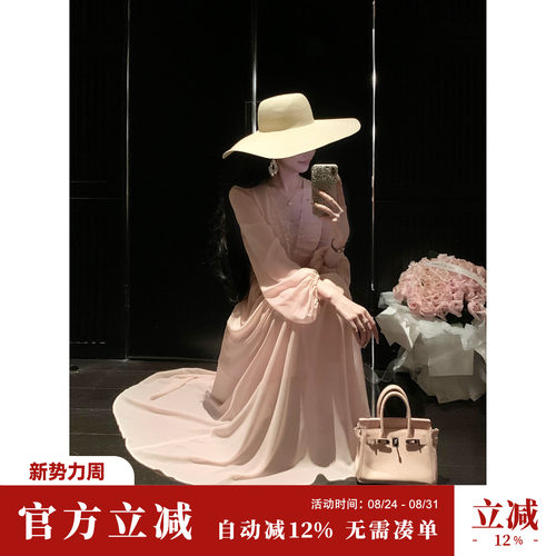 Sun雅乔【予你情深】夏季长袖V领手工钉钻宽松灯笼袖雪纺连衣长裙