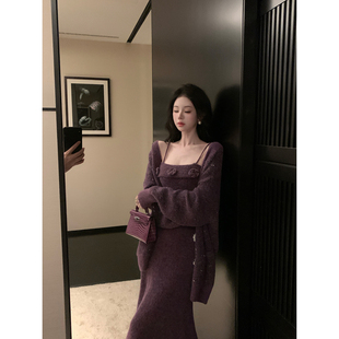 雅乔【星花怒放】秋冬慵懒羊驼毛毛衣外套亮丝羊毛针织吊带裙套装