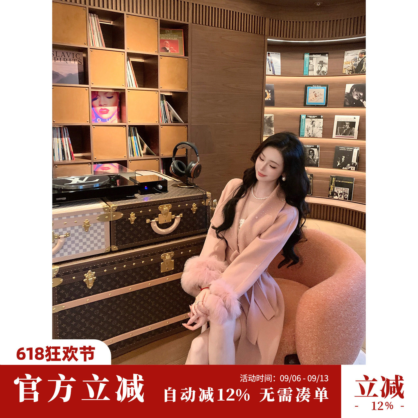 Sun雅乔【半岛弥音】冬季双面手工袖口狐狸毛羊毛呢大衣长外套女