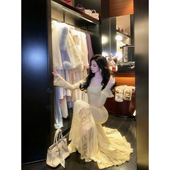 天鹅芭蕾 秋冬新款 修身 Sun雅乔 蕾丝拼接针织加绒长袖 连衣长裙