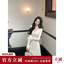 Sun雅乔【纤纤丽影】秋冬粉白V领长袖针织连衣裙修身大摆A字长裙