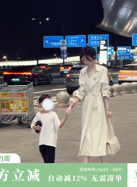 雅乔【匆匆那年】早秋装双排扣宽松长袖时尚中长款白色风衣外套女