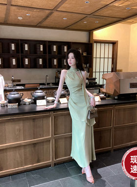 雅乔【昨日青空】夏季小众设计师莱赛尔收腰收腰高领连衣长裙