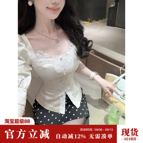 Sun雅乔【古堡下午茶】夏季五分袖法式宫廷风复古修身衬衫上衣女