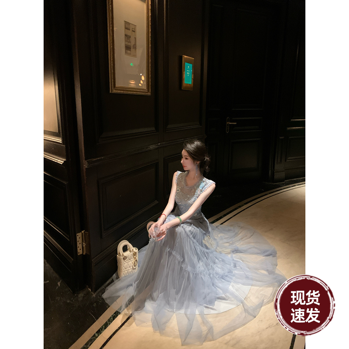 Sun雅乔【星澜浮梦】夏季重工轻奢刺绣亮片网纱大摆礼服裙连衣裙