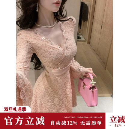 Sun雅乔【甜桃娇娇】秋冬名媛辣妹优雅气质V领钉珠蕾丝长袖连衣裙