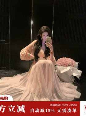 Sun雅乔【来时逢春】春夏长袖高腰宽松烧花植绒网纱大摆连衣长裙