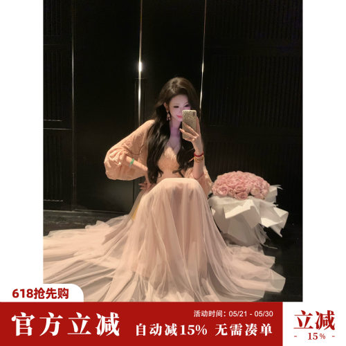Sun雅乔【来时逢春】春夏长袖高腰宽松烧花植绒网纱大摆连衣长裙