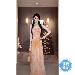 Sun雅喬 輕薄輕奢高腰真絲碎花吊帶桑蠶絲連衣裙 夏季 駝鈴聲聲