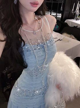 Sun雅乔【月海粼影】定制重工礼服蕾丝网纱拼接无袖背心连衣长裙