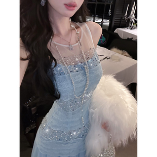 背心连衣长裙 定制重工礼服蕾丝网纱拼接无袖 Sun雅乔 月海粼影