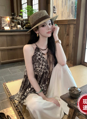 Sun雅乔【乌木沉香】夏季新款原宿亚麻几何印花木珠挂脖上衣