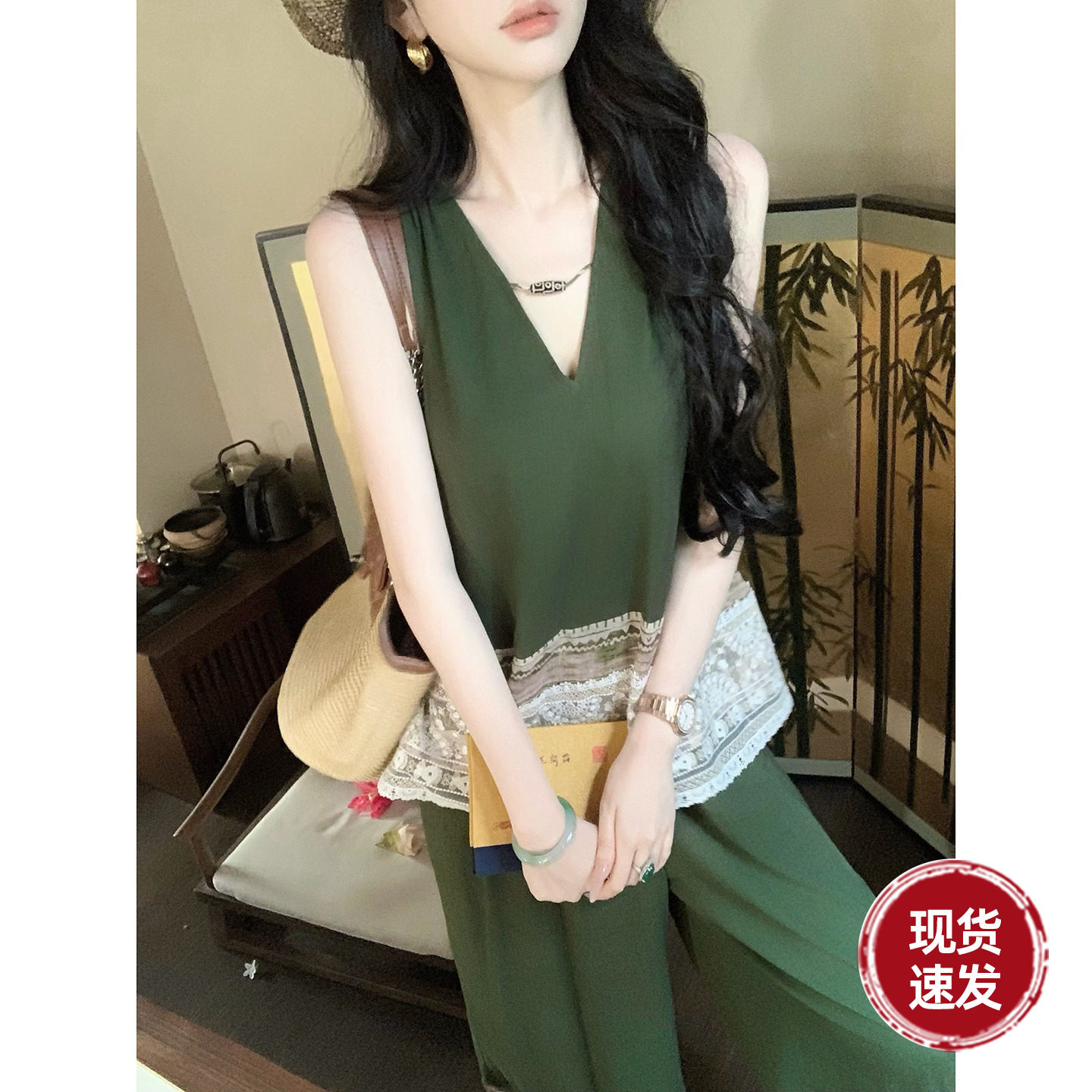 Sun雅乔【橘绿之泉】夏季新款V领娃娃衫亚麻阔腿裤女蕾丝两件套装图片