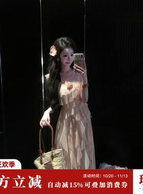 Sun雅乔【迷失心跳】夏季减龄不规则网纱层叠拼接飞袖高腰连衣裙