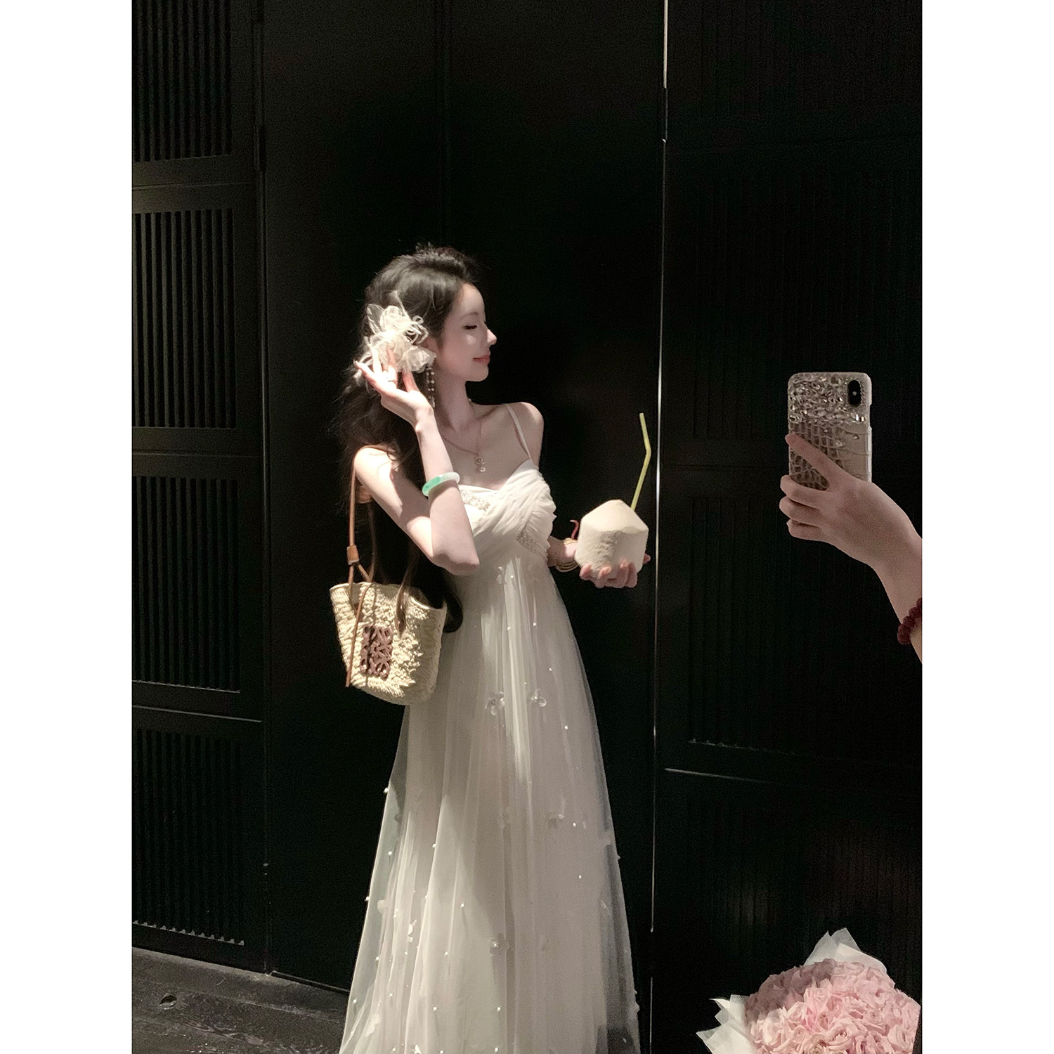 Sun雅乔【云栖蝴蝶】夏季甜美度假超仙立体花钉珠网纱吊带连衣裙