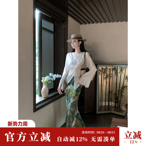 Sun雅乔【山长水阔】夏季小众油画感艺术印花感褶皱半身裙长裙子