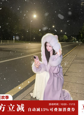雅乔【依恋】秋冬长袖中长款狐狸毛领连帽双面呢羊毛大衣外套女