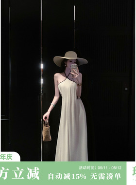 Sun雅乔【风吹半夏】夏季清纯露背吊带设计感挂脖绑带A字连衣长裙