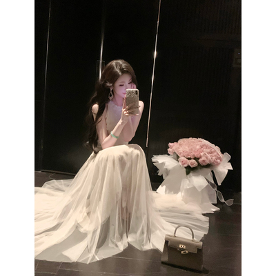 Sun雅乔【加州梦】立体花蕾丝网纱挂脖连衣裙长裙