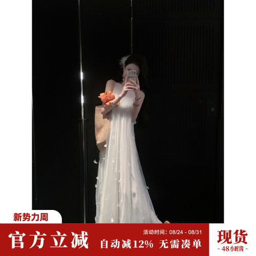 Sun雅乔【云之羽】双版本超仙羽毛钉珠无袖上衣网纱连衣裙长裙