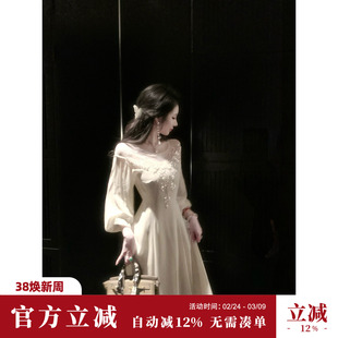 Sun雅乔【月落无声】春装长袖清冷感钉珠亮片网纱拼雪纺连衣长裙