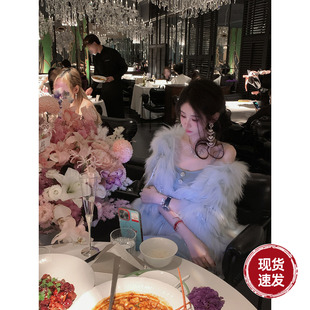 Sun雅乔 轻奢高档进口saga皮草白貉毛草草披肩外套女 冰雪世界