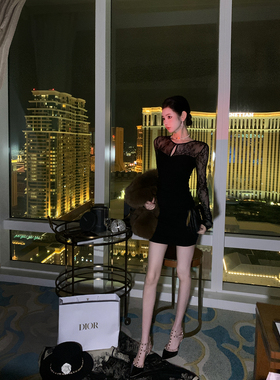 Sun雅乔【夜色撩人】秋季女装薄款黑色蕾丝拼接长袖打底连衣短裙