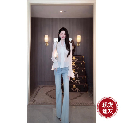 Sun雅乔【早秋coco】早秋新款薄衬衣蝴蝶结珍珠雪纺长袖白衬衫女