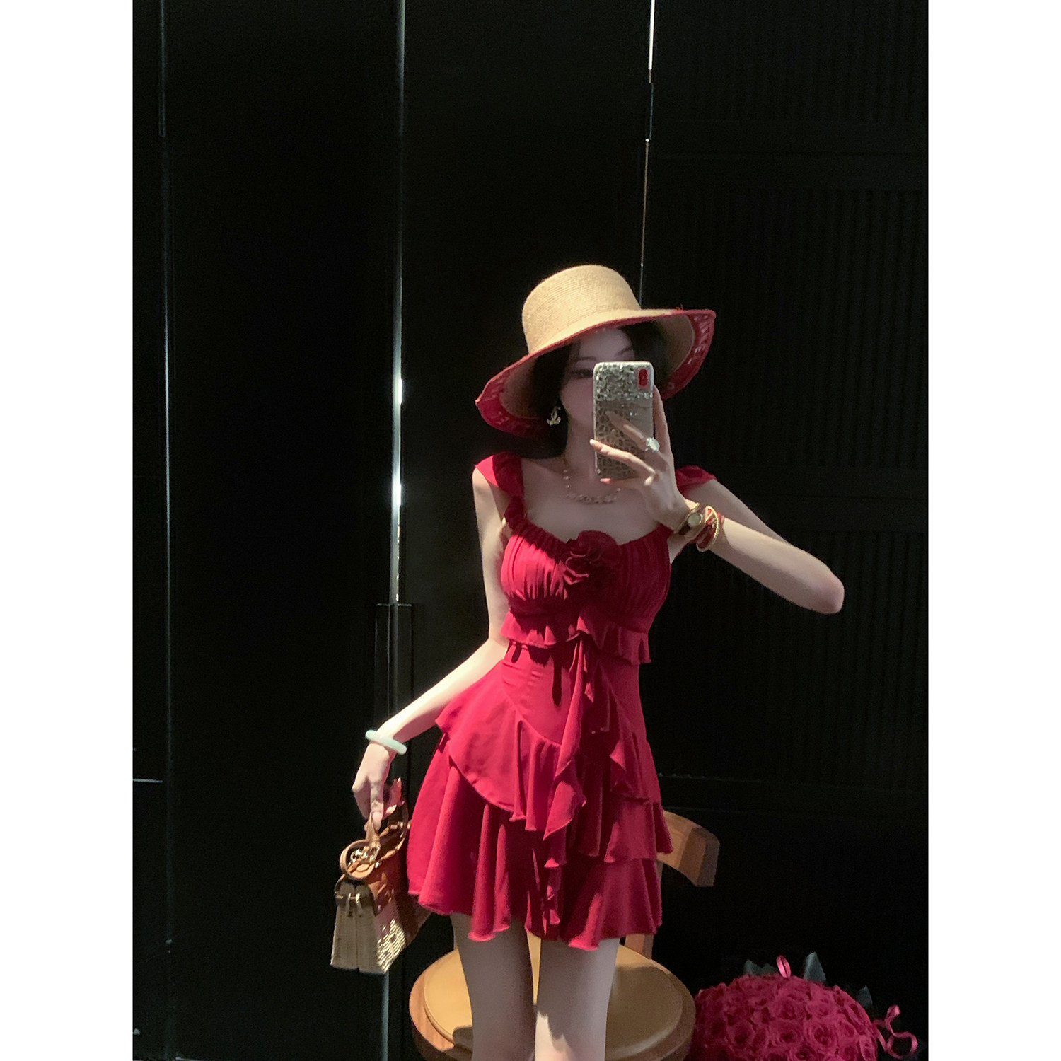 Sun雅乔【骄阳似火】夏季甜美沙滩雪纺荷叶边红色吊带短裙连衣裙