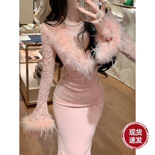 秋冬粉色花卉蕾丝鸵鸟毛长款 Sun雅乔 本 两个版 连衣裙 晚香玉