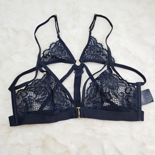 70AB75A荷兰hkm private黑色蕾丝前挂钩无钢圈文胸镂空美背