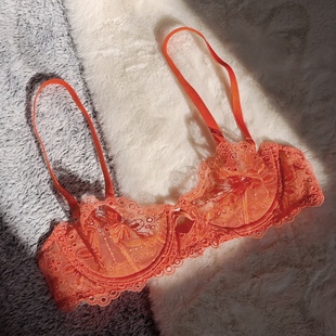 75B法单un粉橘色刺绣网纱性感超薄钢圈文胸