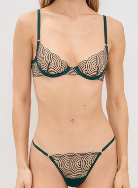 65B-85B英轻奢贝拉绿色云纹刺绣性感透视超薄钢圈文胸丁字裤套装