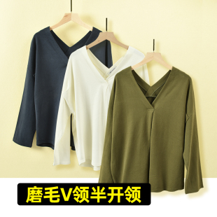 女装 全棉绒布宽松落肩时尚 T恤 半开领上衣 女士纯棉磨毛花式