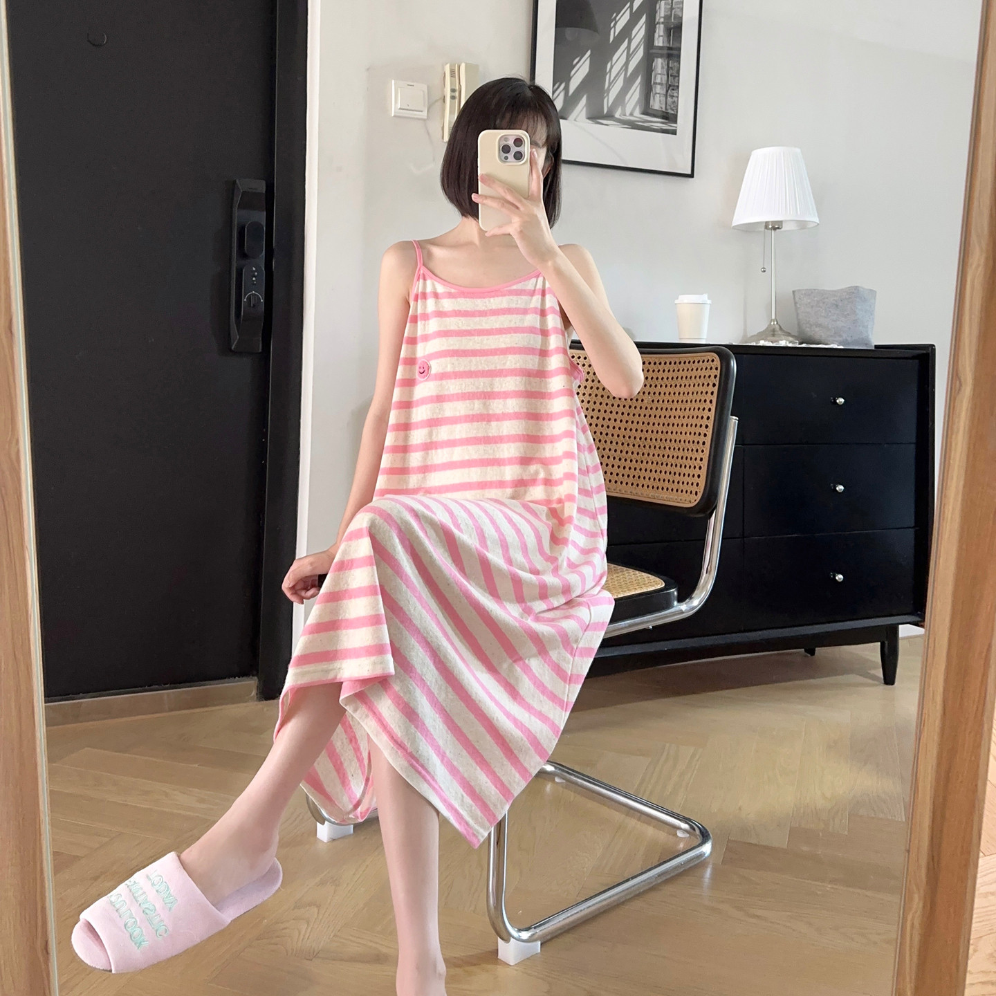 糖果色条纹笑脸吊带睡裙女夏纯棉凉爽新款薄款短美性感睡衣家居服