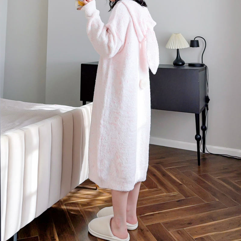 日系连帽睡裙秋冬可爱少女半边绒