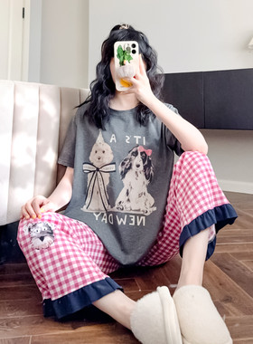 夏季睡衣女纯棉短袖长裤家居服