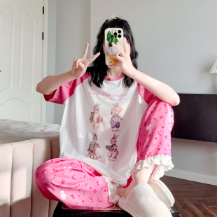 家居服春夏 甜美可爱兔子睡衣女士夏季 纯棉短袖 长裤 日系可外穿薄款