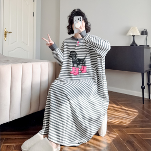 长款大码睡裙秋冬加厚纯棉胖mm睡衣女长袖条纹卡通加长款孕妇睡裙