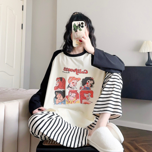 卡通公主睡衣女纯棉春秋新款可爱韩系可外穿条纹长裤家居服秋冬季