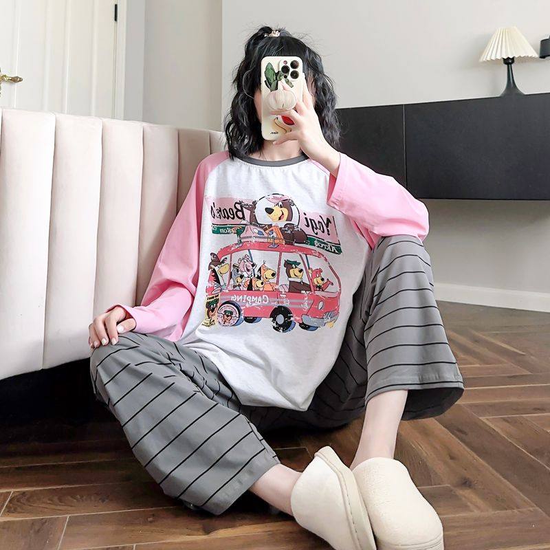 卡通插肩袖睡衣女早秋款纯棉长袖可外穿睡裤网红风童趣家居服套装,女士内衣/男士内衣/家居服,睡衣/家居服套装,淘宝优惠券,粉丝福利购,淘宝优惠卷