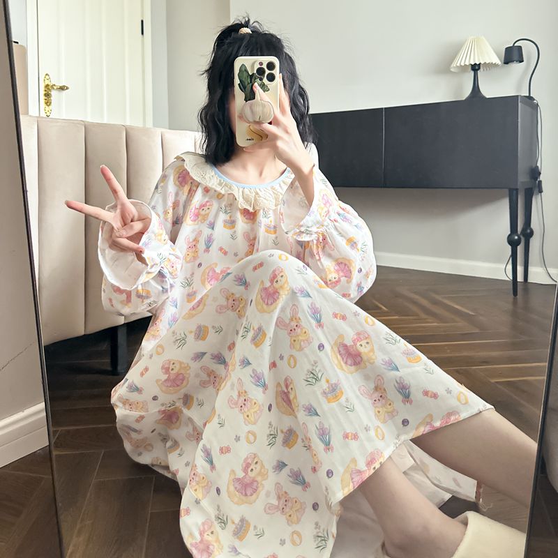 婴儿棉纱春秋季睡裙女长袖娃娃领纯棉日系甜美可爱长裙睡衣家居服